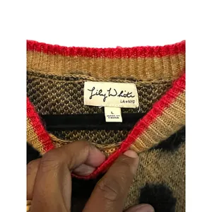 Lily White Women's Sweater Dress Tan Black Leopard Print Red Trim - Size Large thumbnail 4