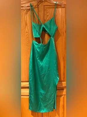 ZARA Asymmetric Cut Out‎ Satin Effect Midi Dress Side Slit Emerald Green Size XS thumbnail 12