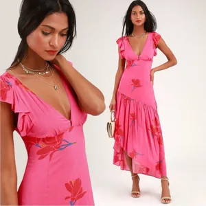 Free People Tropical Hawaiian Hibiscus Hot Pink Floral Maxi Dress Size 8 Summer thumbnail 14