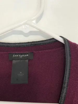 ANN TAYLOR Plum Purple Vegan Faux Leather Trim Button Down Cardigan Sweater M thumbnail 8