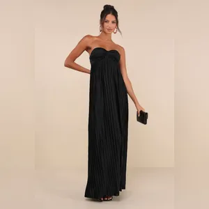LULU’S Whimsical Beauty Black Satin Plisse Strapless Maxi Dress thumbnail 6