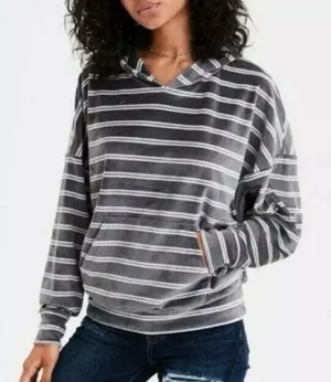American Eagle Gray/White Striped Cropped Hooded Sweatshirt thumbnail 1