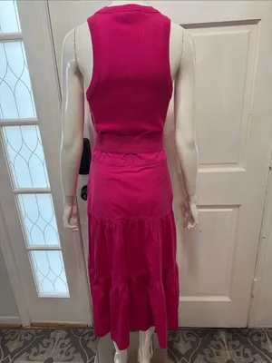 Veronica Beard AUSTYN Lg DkPink Tiered Pima Cotton Sleeveless Midi Dtess Sz S thumbnail 9