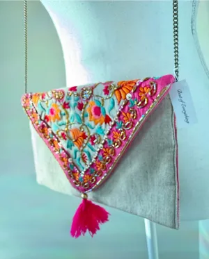 Embroidered Boho Festival Floral Triangle Crossbody Bag - Pink & Beige thumbnail 1