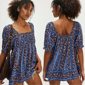 Free People Retro 70s Bohemian Vintage Lover Blouse Dutch Blue Combo Medium thumbnail 11