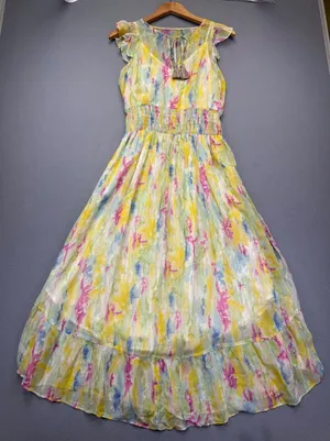 Anthropologie Watercolor Maxi Dress Yellow‎ Pink Blue Smocked Waist Size 4 thumbnail 1