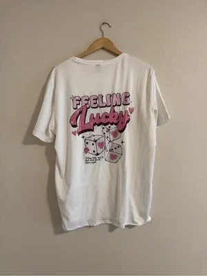SheIn White Tee with Pink "Feeling Lucky" Graphic thumbnail 3
