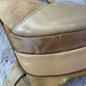 Jessica Simpson‎ Tan Gold Suede Patent Platform T-Strap Peep Toe Heels 7.5B thumbnail 9