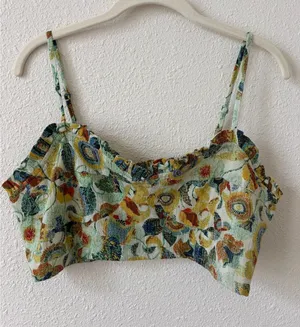By Anthropologie Twist Crop Top Size Medium Bra Top Only Smocked Floral Ruffle thumbnail 1