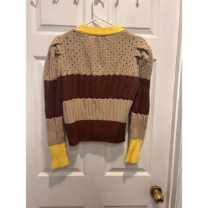 Anthro Calligraphie Womens Striped Puff Sleeve Cardigan Brown Yellow Pointelle L thumbnail 6