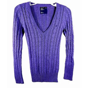 Y2K American Eagle V Neck Fitted Cable Knit Sweater Women Medium Purple Preppy thumbnail 2