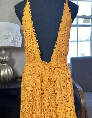 BHLDN x Free People Robinne Crochet Lace Maxi Dress Boho Yellow Orange Size M thumbnail 7