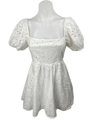 Zara Women's White Short Puff Sleeve Eyelet Embroidered Fit & Flare Mini Dress M thumbnail 1