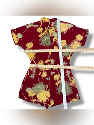 Free People Malibu‎ Tropical Palm Leaf Romper Maroon Red Yellow Small Campy thumbnail 12