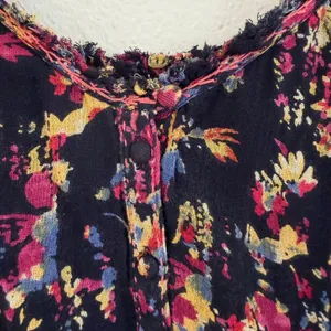 Free People Floral Gauze Cotton‎ Boho Peasant Top Oversized Ruffle Raw Sz Medium thumbnail 7