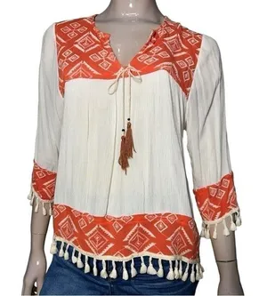 Misa Los Angeles Women’s Size M Cream Saffron Print Marcella Tassel Blouse Top thumbnail 1