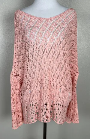 Coco Carmen Crochet Sweater OS Pink Open Knit Pullover Oversized‎ Beachy Relaxed thumbnail 1