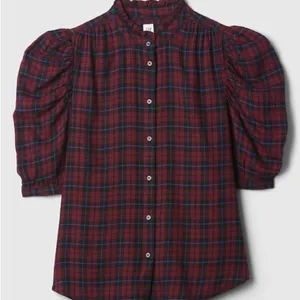 NEW Gap Women's XSMALL Red Plaid Puff Sleeve High Neck Blouse thumbnail 3