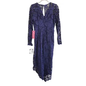 Marina NEW Navy Blue Floral Lace Faux‎ Wrap Midi Dress Asymmetrical Hem Wedding thumbnail 11