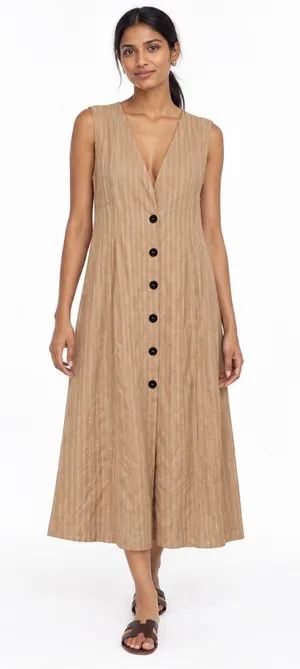 NWT Mustard Seed Brown Striped Button Front Maxi Dress Women’s Medium thumbnail 1