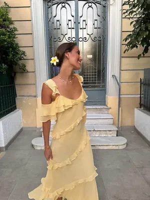 Zara Butter Yellow Ruffle Cold-Shoulder Maxi Bohemian Summer Sun Dress thumbnail 2