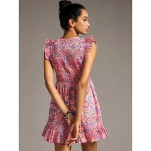 Anthropologie Peregrine Mini Dress Medium Petite Pink Blue Floral Paisley Ruffle thumbnail 2
