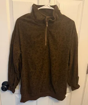 SHEIN Brown Leopard Print Corduroy Quarter Zip Pullover thumbnail 1