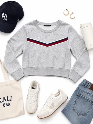 Abercrombie & Fitch Gray Cropped Fleece Sweatshirt Womens M Retro Stripe Y2K Top thumbnail 15