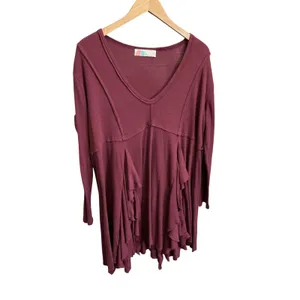 Free People Beach Womens Small Ruffle Tunic Top Long Sleeve Berry Wine V-Neck thumbnail 9