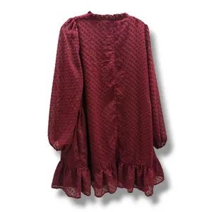 Arula Burgundy Swiss Dot Mini Dress Women L Wine V-Neck Balloon Sleeve Ruffle thumbnail 9