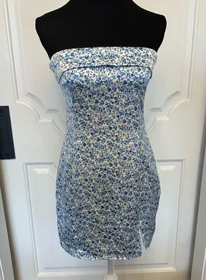 Altar’d State Floral Blue Strapless Dress Notch Slit Mini NWOT thumbnail 2