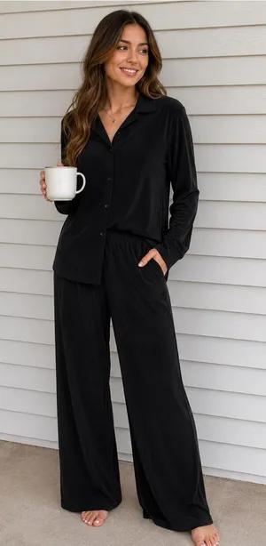 Easel Los Angeles Black 2 Piece Lounge Set Wide Leg Pants Medium New thumbnail 1