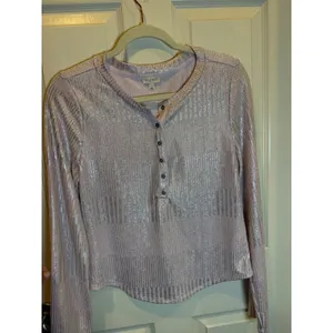 Pilcro Anthropologie Metallic Pink Silver Ribbed Henley Long Sleeve Size Large thumbnail 7
