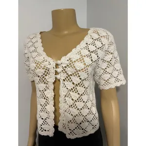 SWL Sport Ltd Womens Cream Crochet Open Knit Short Sleeve Cardigan Sweater Small thumbnail 2