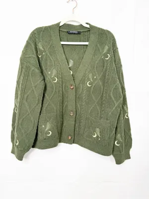 Disturbia Dianne Embroidered Cable Knit Cardigan Moon Star Fern Olive Green Knit thumbnail 2