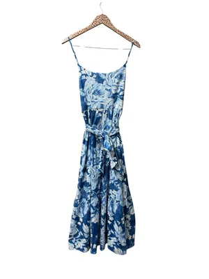 Joie Sleeveless Cotton Blend Long Floral Tie Waist Midi Maxi Dress Blue 16 thumbnail 3