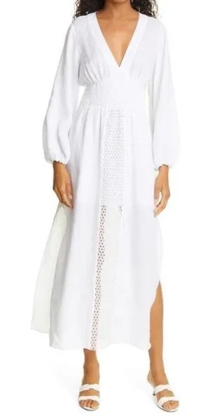 Rebecca Taylor Long Smock Waist Linen &‎ Crochet Dress Size Large thumbnail 1