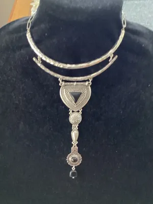 Silver-Tone Statement Pendant Necklace with Black Accents thumbnail 1