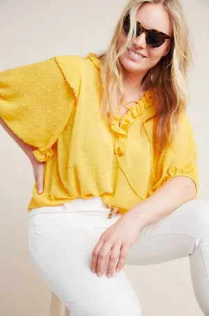 Anthropologie NWT 36R Haida Peasant Top Ruffled Swiss‎ Dot Blouse Mango Yellow M thumbnail 1