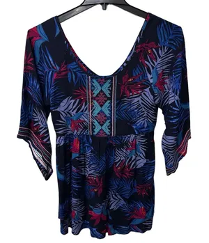 Roxy Size Small Tropical Print 3/4 Sleeve Mini Dress Atec Boho Swim Cover Up‎ thumbnail 1