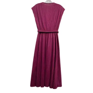 Vintage‎ Women's Plunging V Neck Wrap Midi Dress Metallic Belted Pleated Pink S thumbnail 2