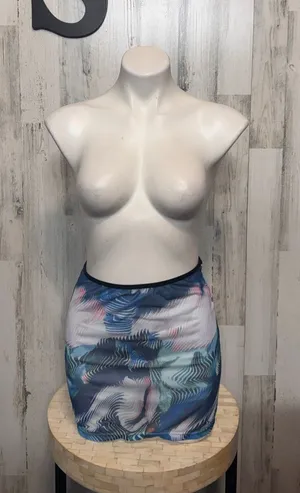 SheIn Abstract Graphic Mesh Mini Skirt Womens Size Small Sheer Blue Pink Cover Up thumbnail 1