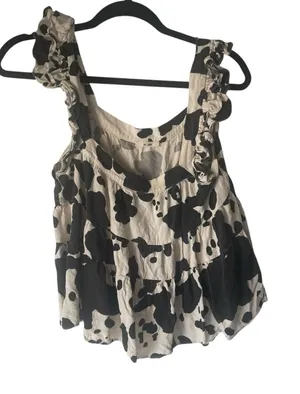 Mi Ami Women's Size Small Oversized Black White Cow Print Ruffle Western Blouse‎ thumbnail 1