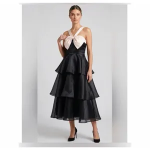 NEW Lulus Black Glamour Organza Tiered Cream Oversized Bow Midi Cocktail Dress thumbnail 4