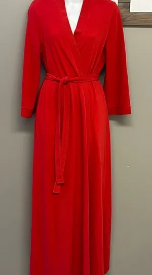 Vintage Vanity Fair Vibrant Red Full-Length Ribbed Wrap V-Neck Robe with Belt-Sm thumbnail 1