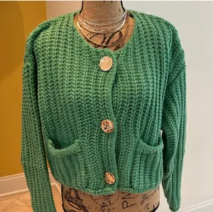 Green Chunky Knit Cardigan Sweater with Gold Buttons thumbnail 2