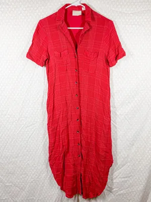 Anthropologie Maeve Hot Pink Red‎ Striped Crinkle Button Up Midi Dress thumbnail 2