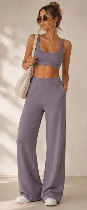 Intimately Free People Knit Two Piece Set Women L Purple Ribbed‎ Pants Lounge thumbnail 1