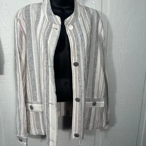 Jones New York Linen Gray Blue Stripes Lightweight JACKET/Blazer SIZE XL EUC thumbnail 3