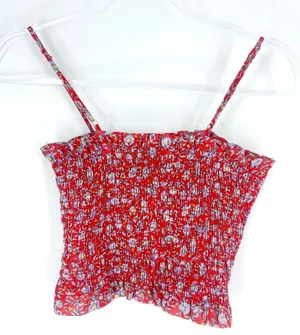 TIMING Cropped Shirred Tank‎ Top Red Floral Size Small thumbnail 1